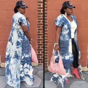Custom Blue and White Tie-Dye Distressed Duster Kimono